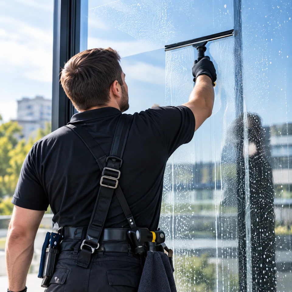 KI-Symbolbild: Fensterreinigung mit Abzieher an einer großen Glasfläche